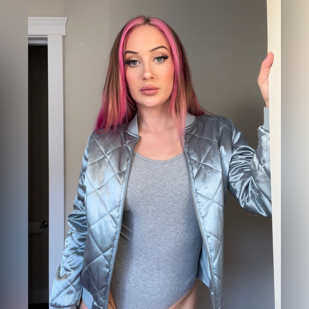Baby blue satin quilted bomber